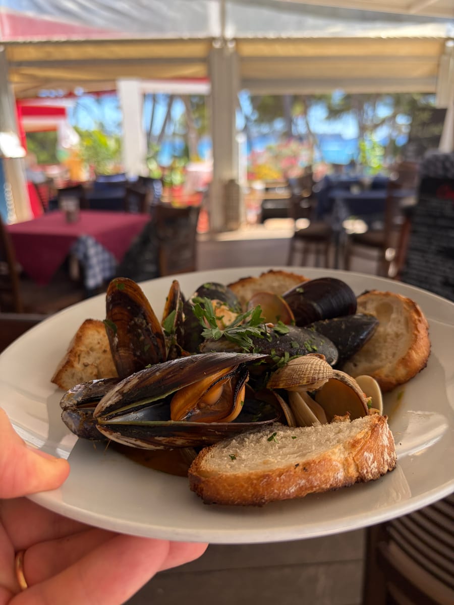 Piatto di cozze e vongole con prezzemolo e crostini di pane tostato, tenuto in mano davanti alla terrazza sfocata